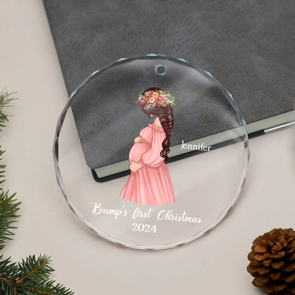 Pregnant Mom Baby Bump's First Christmas, Expecting Mother, Baby Shower, Personalized Glass Ornament - Image 9