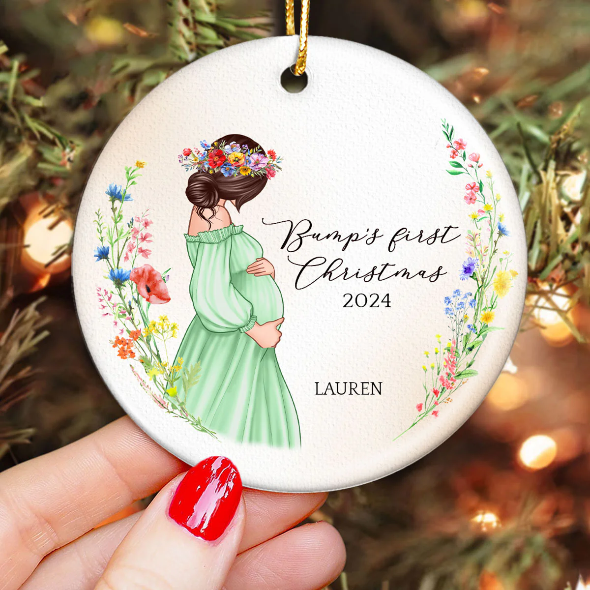 Pregnant Mom Watercolor Wildflowers, Baby Bump's First Christmas, Pregnancy Announcement Personalized Circle Ceramic Ornament - Image 3