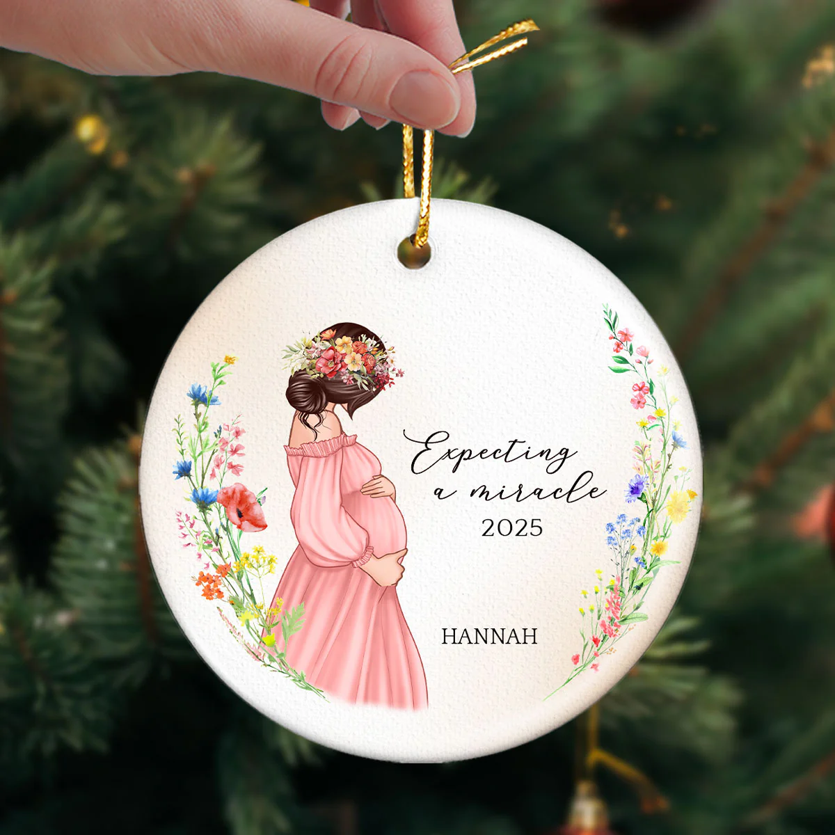 Pregnant Mom Watercolor Wildflowers, Baby Bump's First Christmas, Pregnancy Announcement Personalized Circle Ceramic Ornament - Image 4