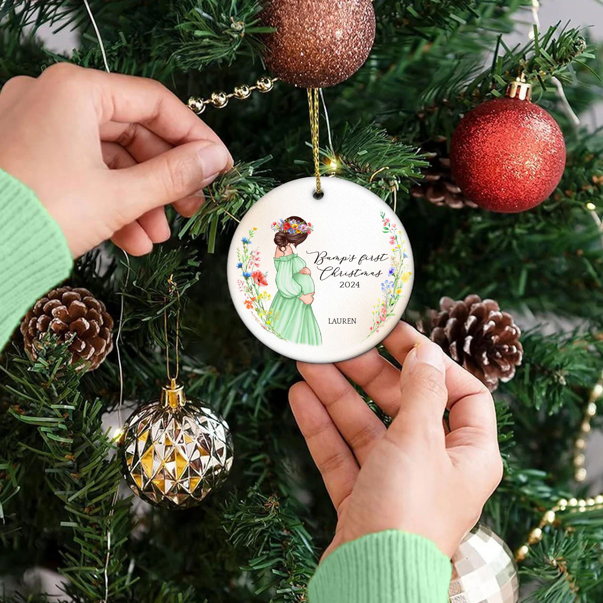 Pregnant Mom Watercolor Wildflowers, Baby Bump's First Christmas, Pregnancy Announcement Personalized Circle Ceramic Ornament - Image 5