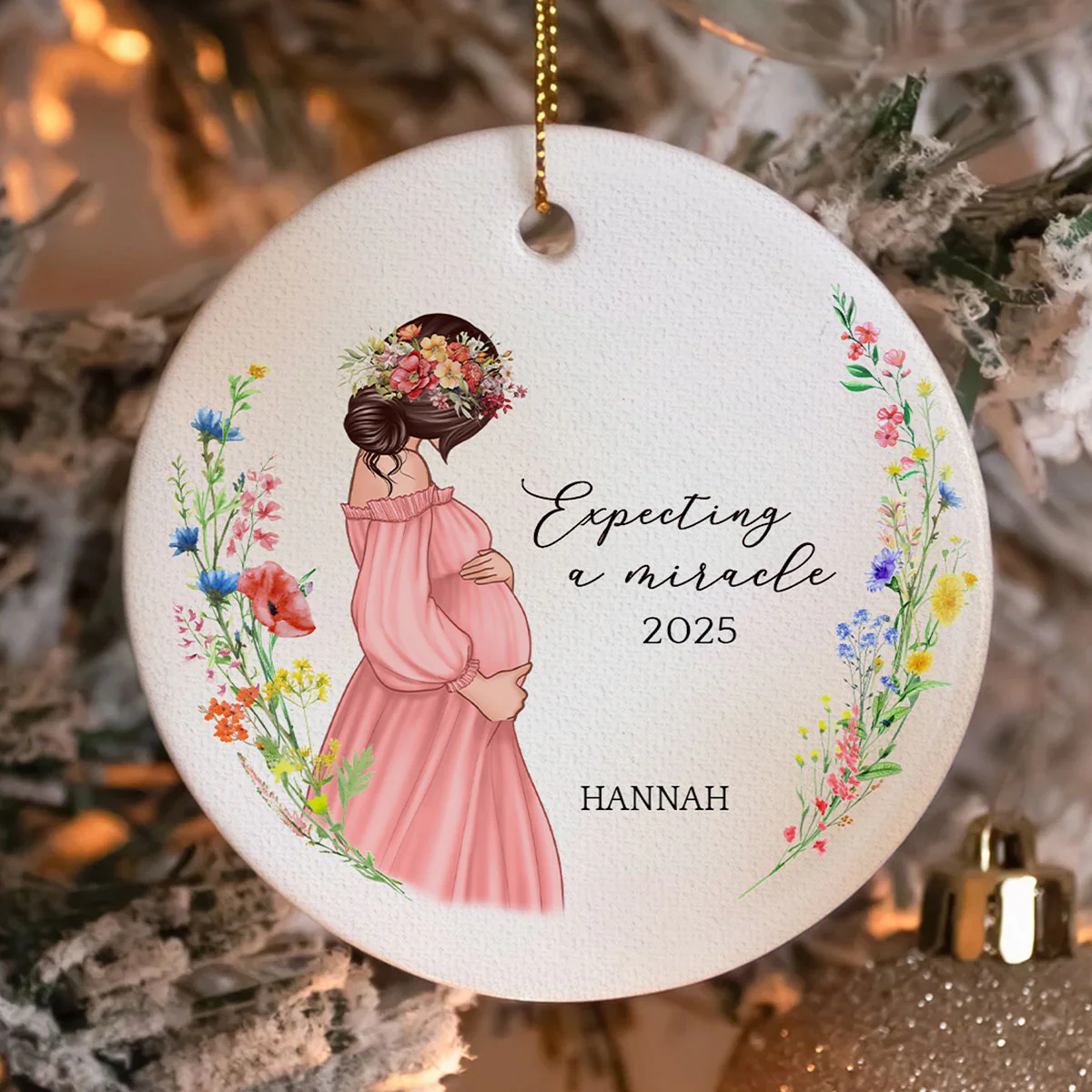 Pregnant Mom Watercolor Wildflowers, Baby Bump's First Christmas, Pregnancy Announcement Personalized Circle Ceramic Ornament - Image 6