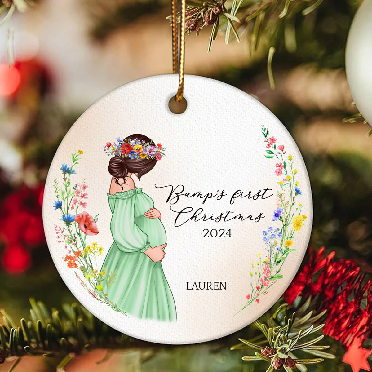 Pregnant Mom Watercolor Wildflowers, Baby Bump's First Christmas, Pregnancy Announcement Personalized Circle Ceramic Ornament - Image 7