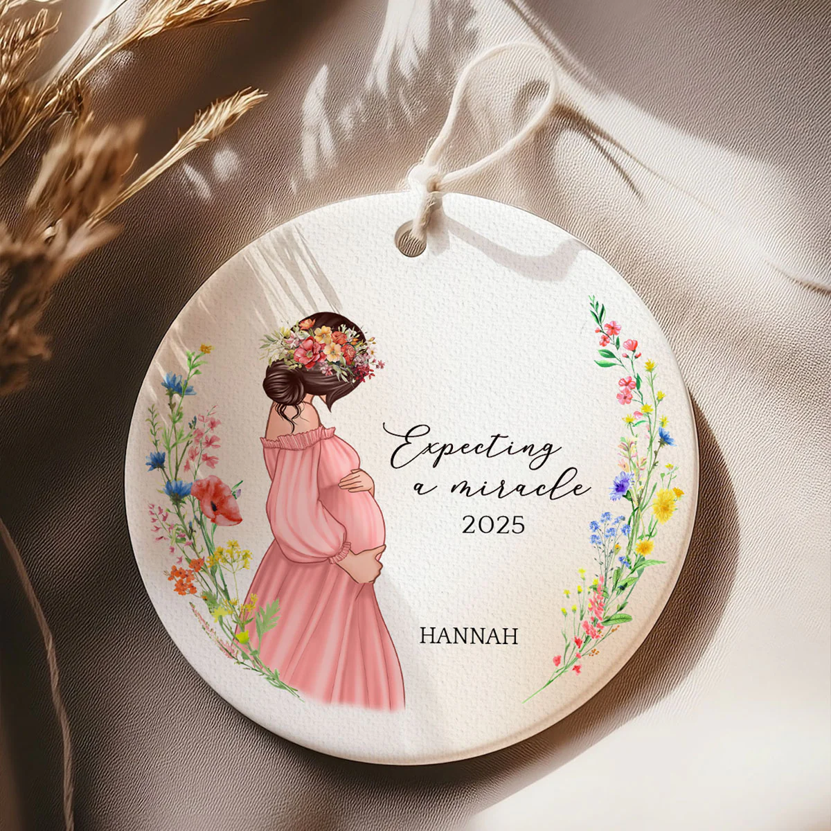 Pregnant Mom Watercolor Wildflowers, Baby Bump's First Christmas, Pregnancy Announcement Personalized Circle Ceramic Ornament - Image 8