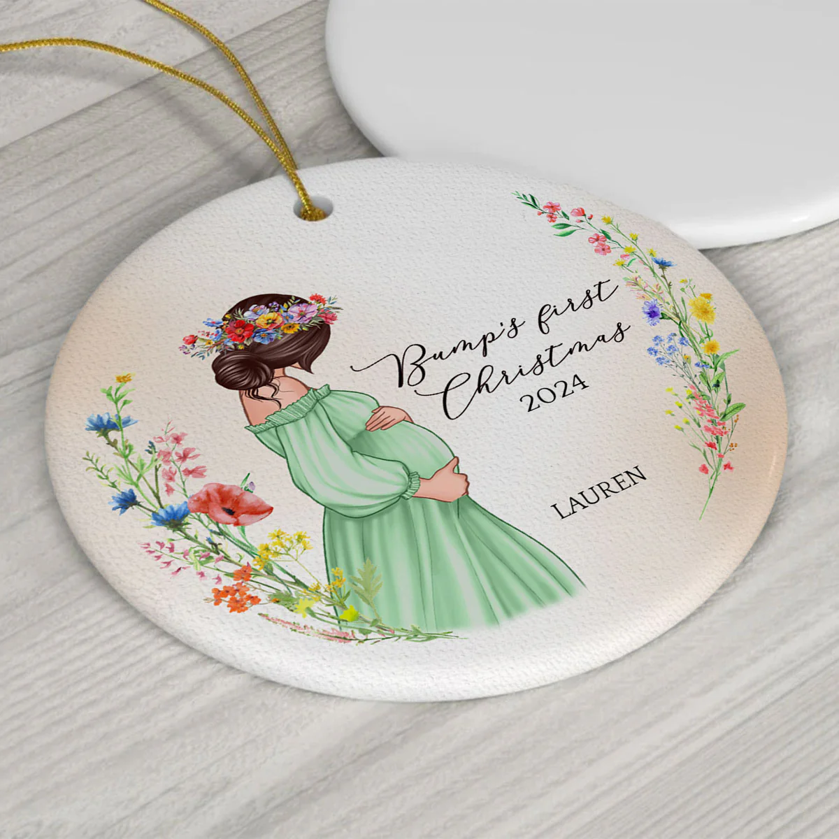 Pregnant Mom Watercolor Wildflowers, Baby Bump's First Christmas, Pregnancy Announcement Personalized Circle Ceramic Ornament - Image 9