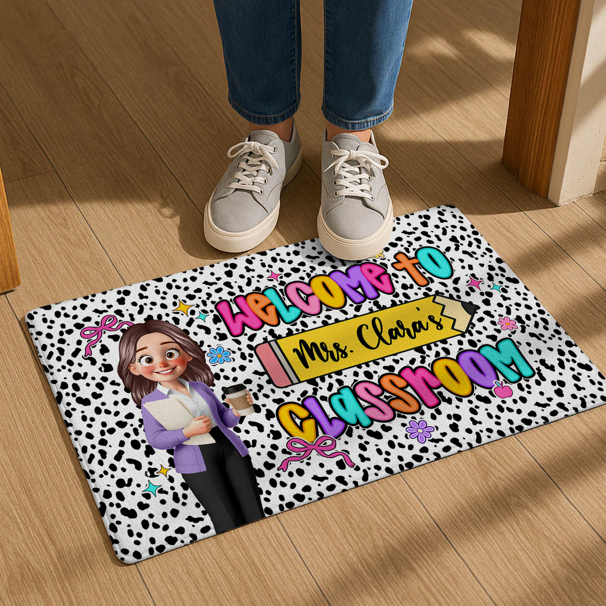 Preppy Style Teacher Happy To See Your Face Personalized Doormat - Image 2