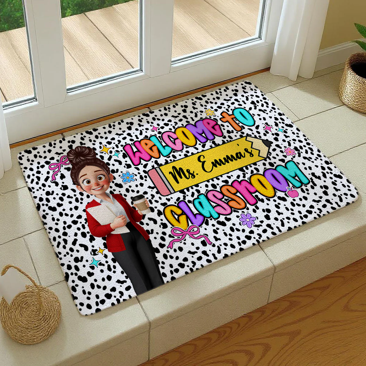 Preppy Style Teacher Happy To See Your Face Personalized Doormat - Image 6
