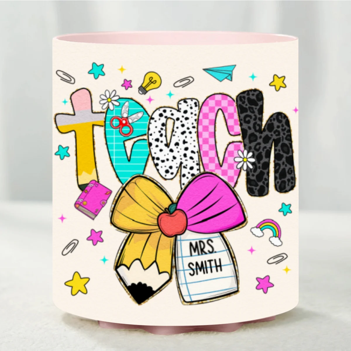 Preppy Teacher Pencil Coquette Bow Doodle Personalized Rotating Pen Holder, Custom Teacher Name, Back to School Gift - Image 12