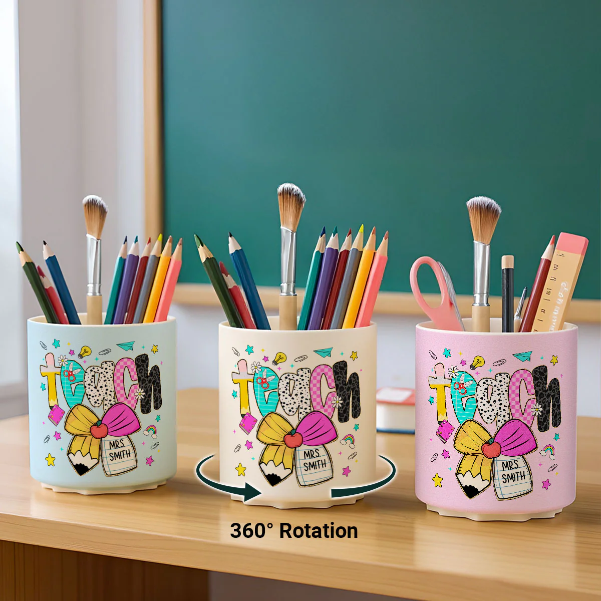Preppy Teacher Pencil Coquette Bow Doodle Personalized Rotating Pen Holder, Custom Teacher Name, Back to School Gift - Image 2
