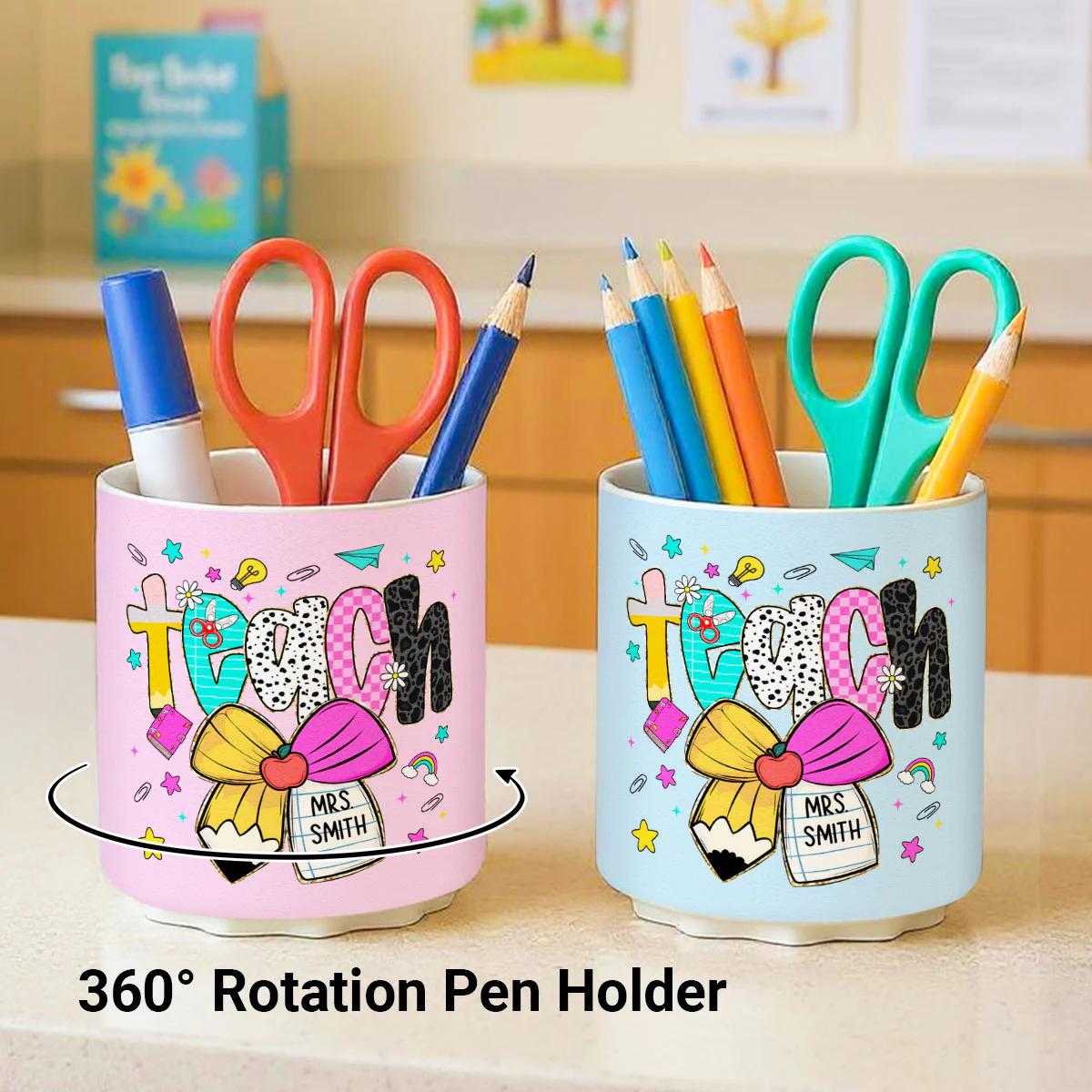 Preppy Teacher Pencil Coquette Bow Doodle Personalized Rotating Pen Holder, Custom Teacher Name, Back to School Gift - Image 3