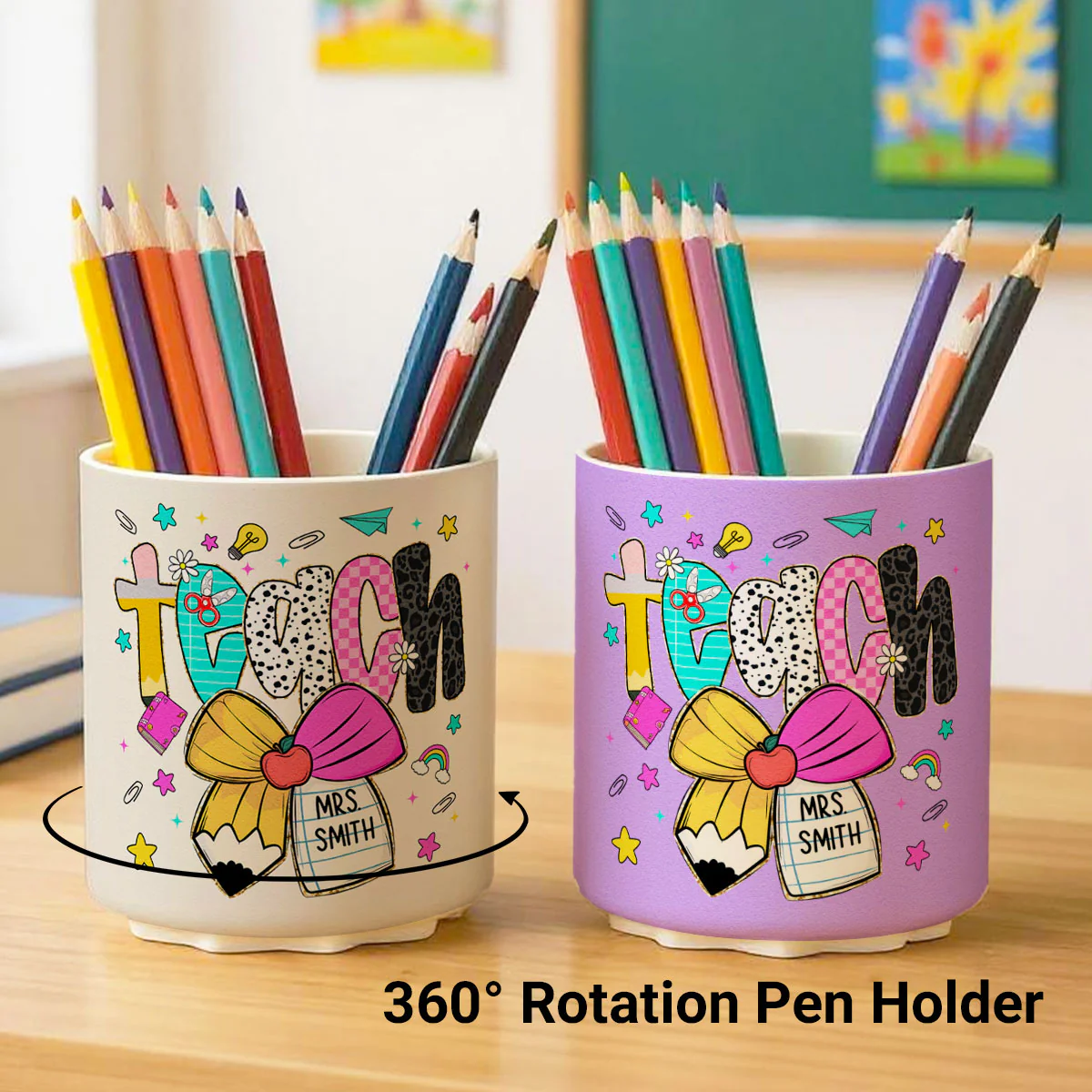 Preppy Teacher Pencil Coquette Bow Doodle Personalized Rotating Pen Holder, Custom Teacher Name, Back to School Gift - Image 4