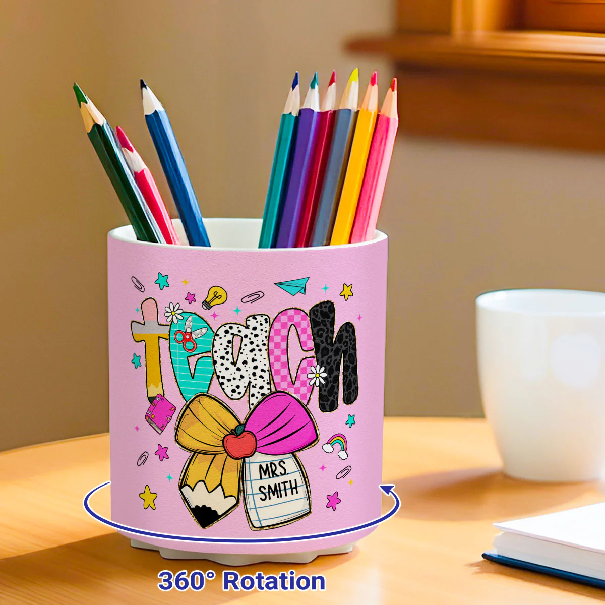 Preppy Teacher Pencil Coquette Bow Doodle Personalized Rotating Pen Holder, Custom Teacher Name, Back to School Gift - Image 5