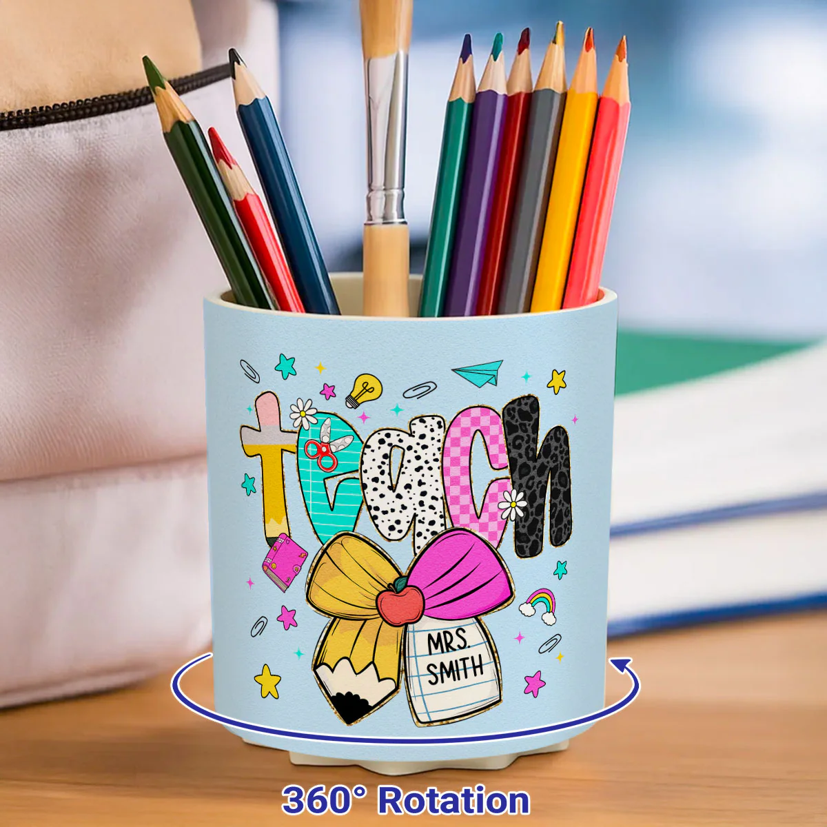 Preppy Teacher Pencil Coquette Bow Doodle Personalized Rotating Pen Holder, Custom Teacher Name, Back to School Gift - Image 6