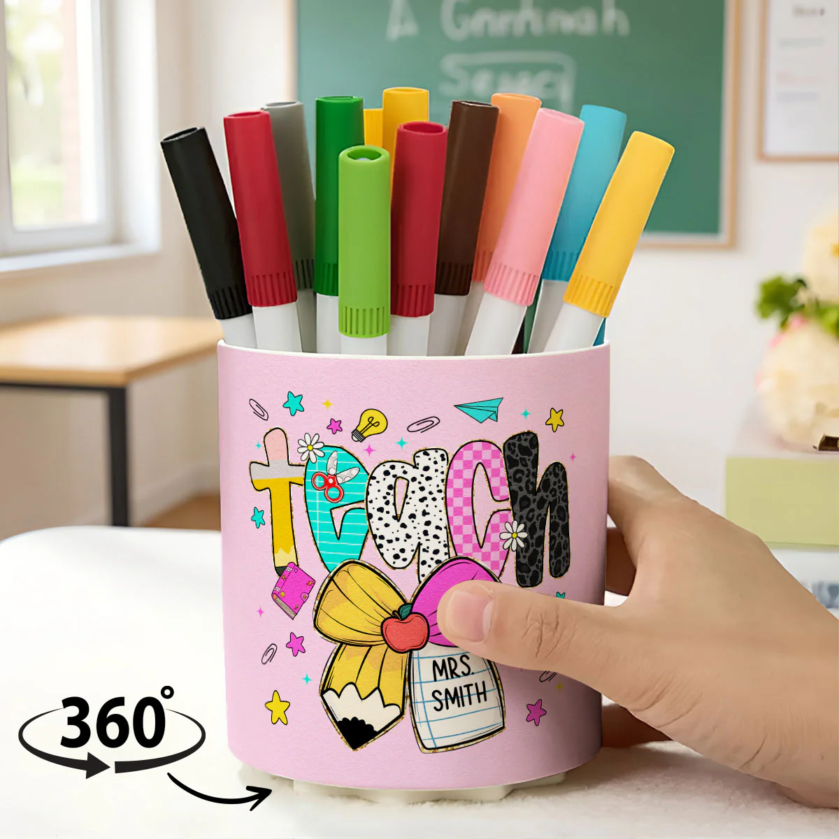 Preppy Teacher Pencil Coquette Bow Doodle Personalized Rotating Pen Holder, Custom Teacher Name, Back to School Gift - Image 7