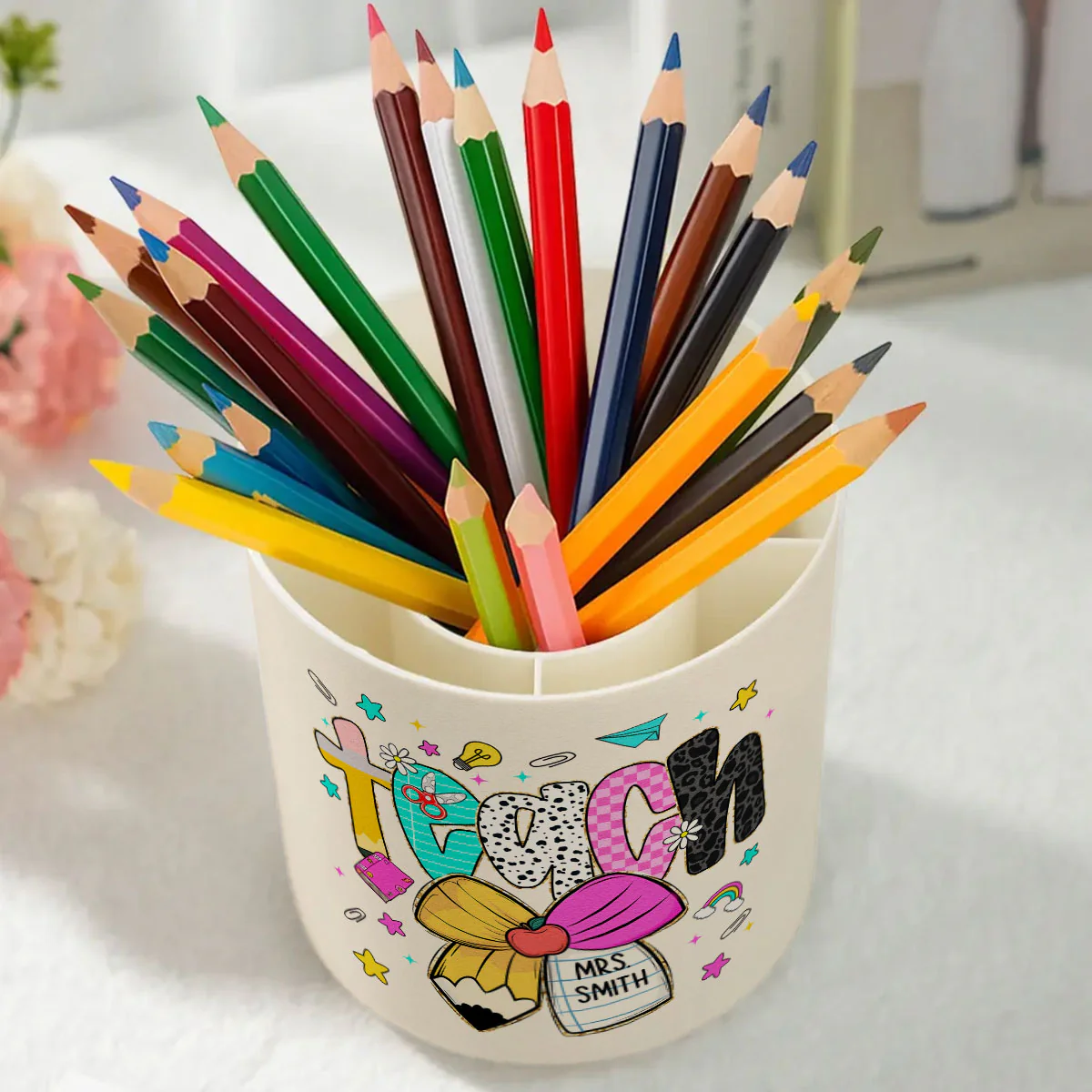 Preppy Teacher Pencil Coquette Bow Doodle Personalized Rotating Pen Holder, Custom Teacher Name, Back to School Gift - Image 8