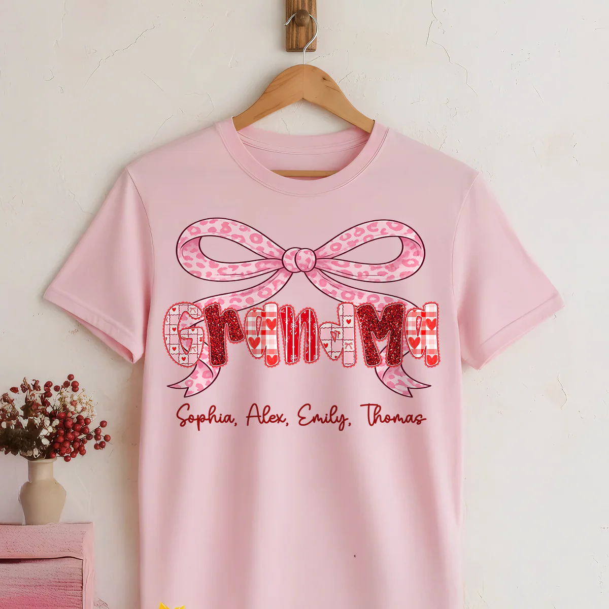 Preppy Valentine Pattern Grandma Mom Nana With Kids Name - Personalized Shirt - Valentine's Day Gift For Grandma