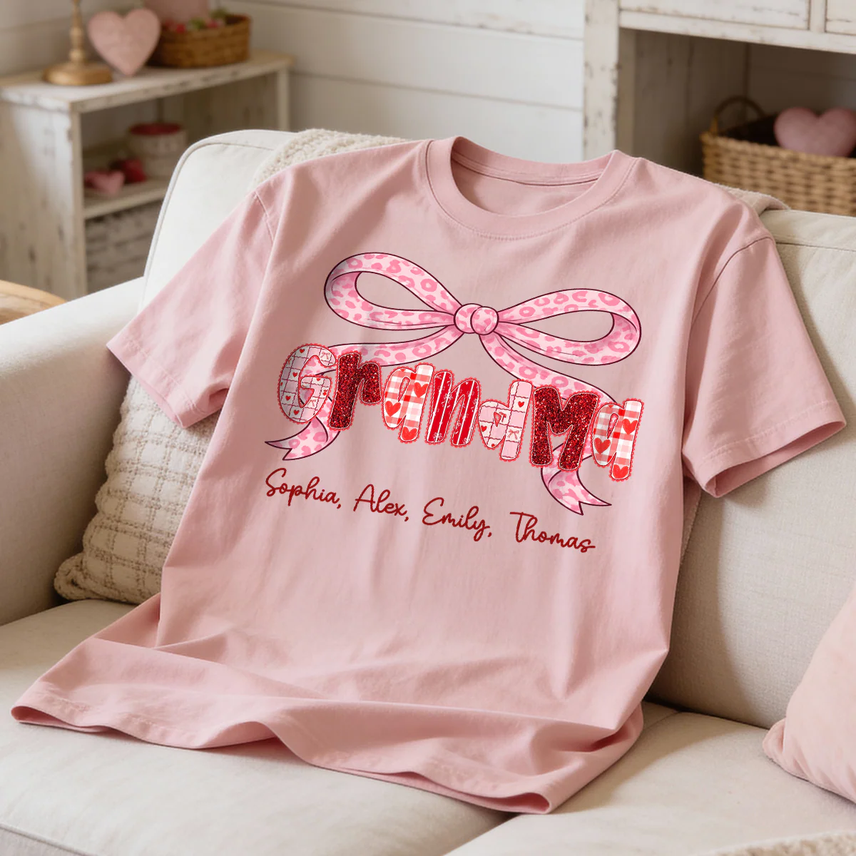 Preppy Valentine Pattern Grandma Mom Nana With Kids Name - Personalized Shirt - Valentine's Day Gift For Grandma - Image 2