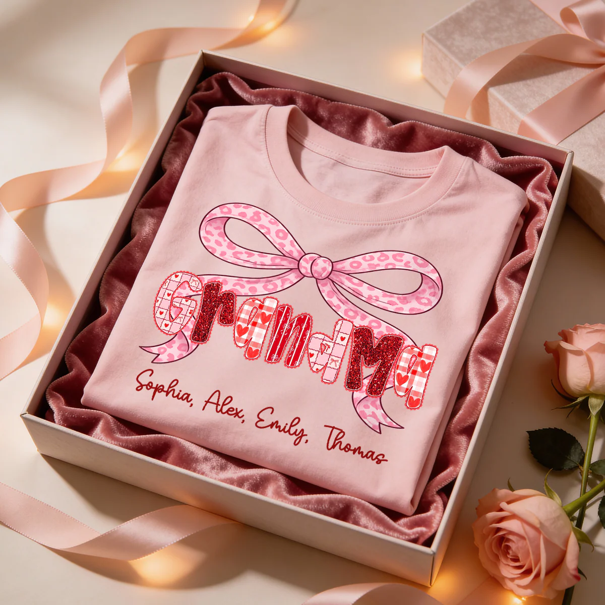 Preppy Valentine Pattern Grandma Mom Nana With Kids Name - Personalized Shirt - Valentine's Day Gift For Grandma - Image 4