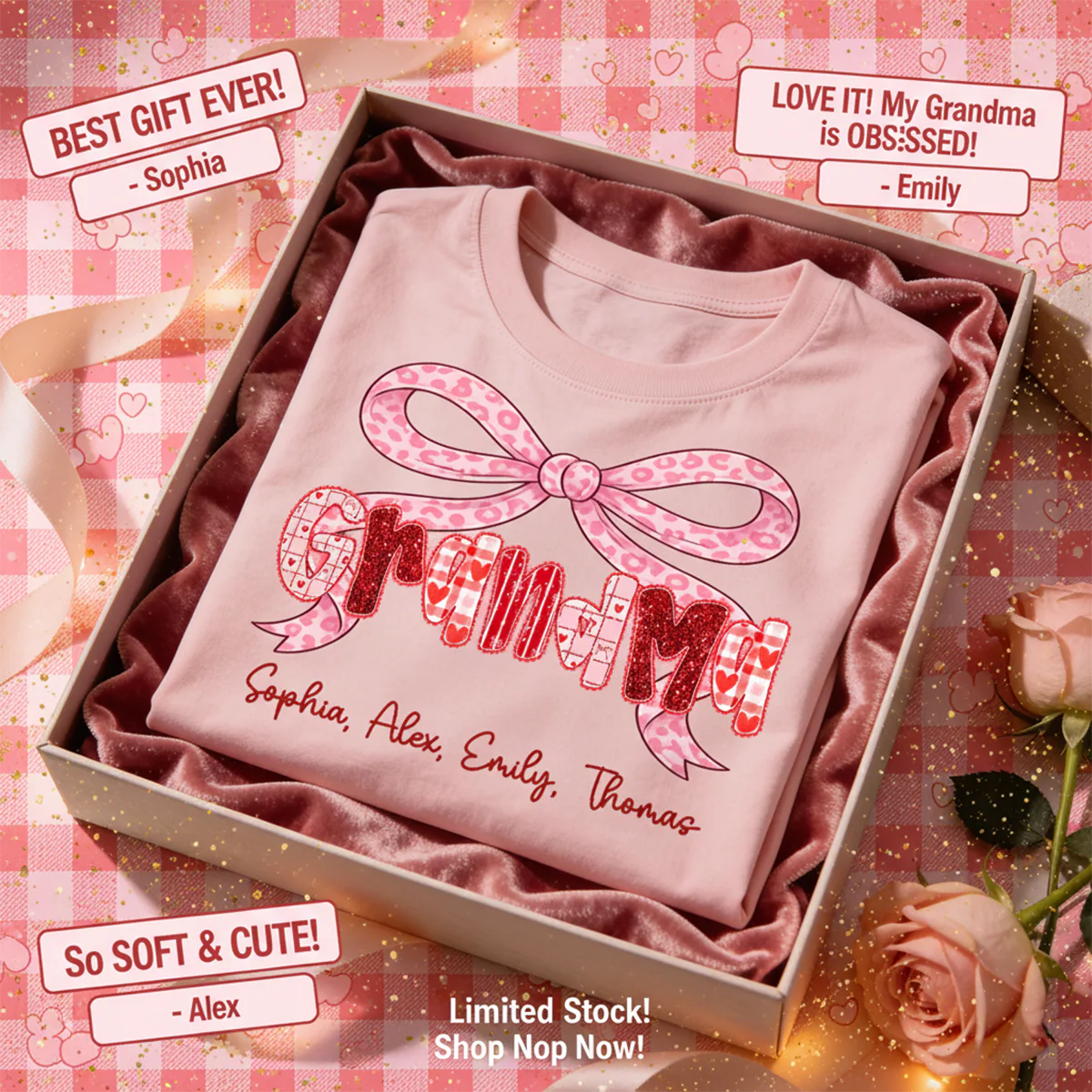 Preppy Valentine Pattern Grandma Mom Nana With Kids Name - Personalized Shirt - Valentine's Day Gift For Grandma - Image 6