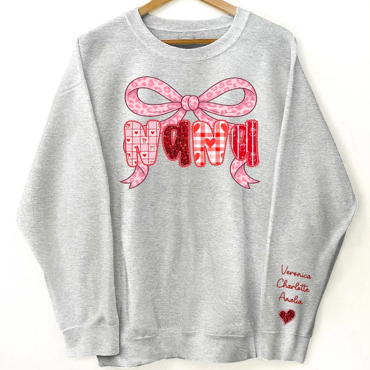 Preppy Valentine Pattern Grandma Mom Nana With Kids Name - Personalized Sleeve Printed Sweatshirt - Valentine's Day Gift For Grandma - Image 8