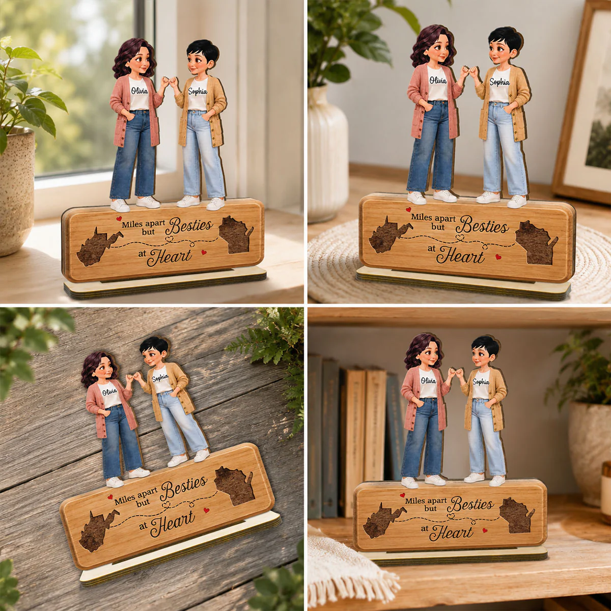 Pretty Besties Pinky Promise Miles Apart Besties At Heart 2D Flat - Personalized 2-Layered Wooden Plaque - Birthday Gift, Long Distance Friendship Gift for Best Friends - Image 7