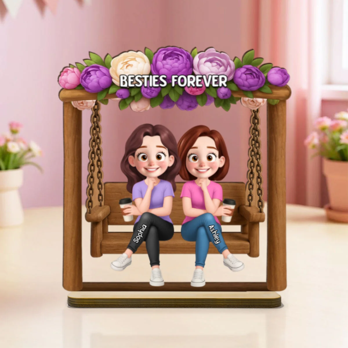 Pretty Besties Sisters On Swing Flowers 3D Effect Personalized Standing Wooden Plaque - Image 10