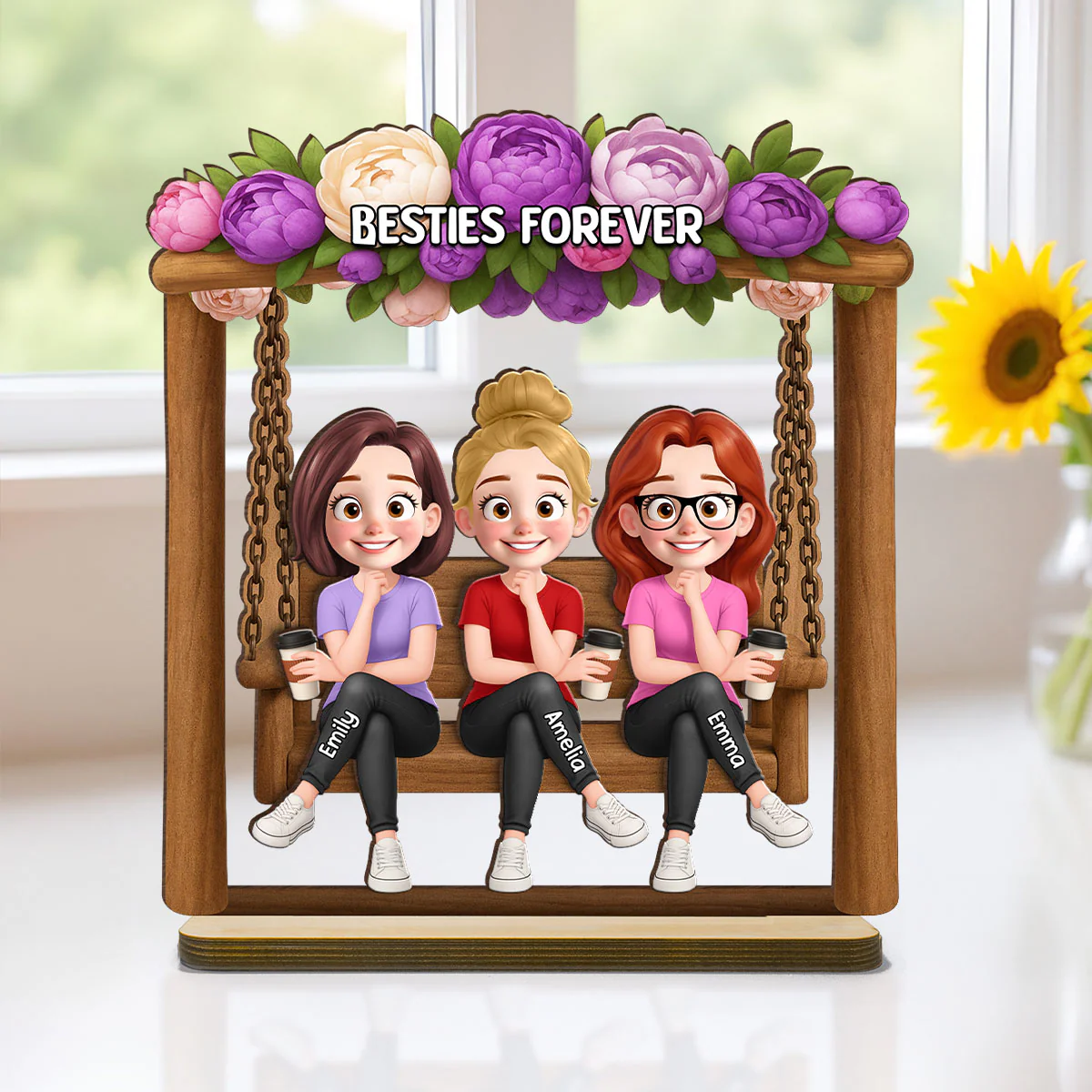 Pretty Besties Sisters On Swing Flowers 3D Effect Personalized Standing Wooden Plaque - Image 2