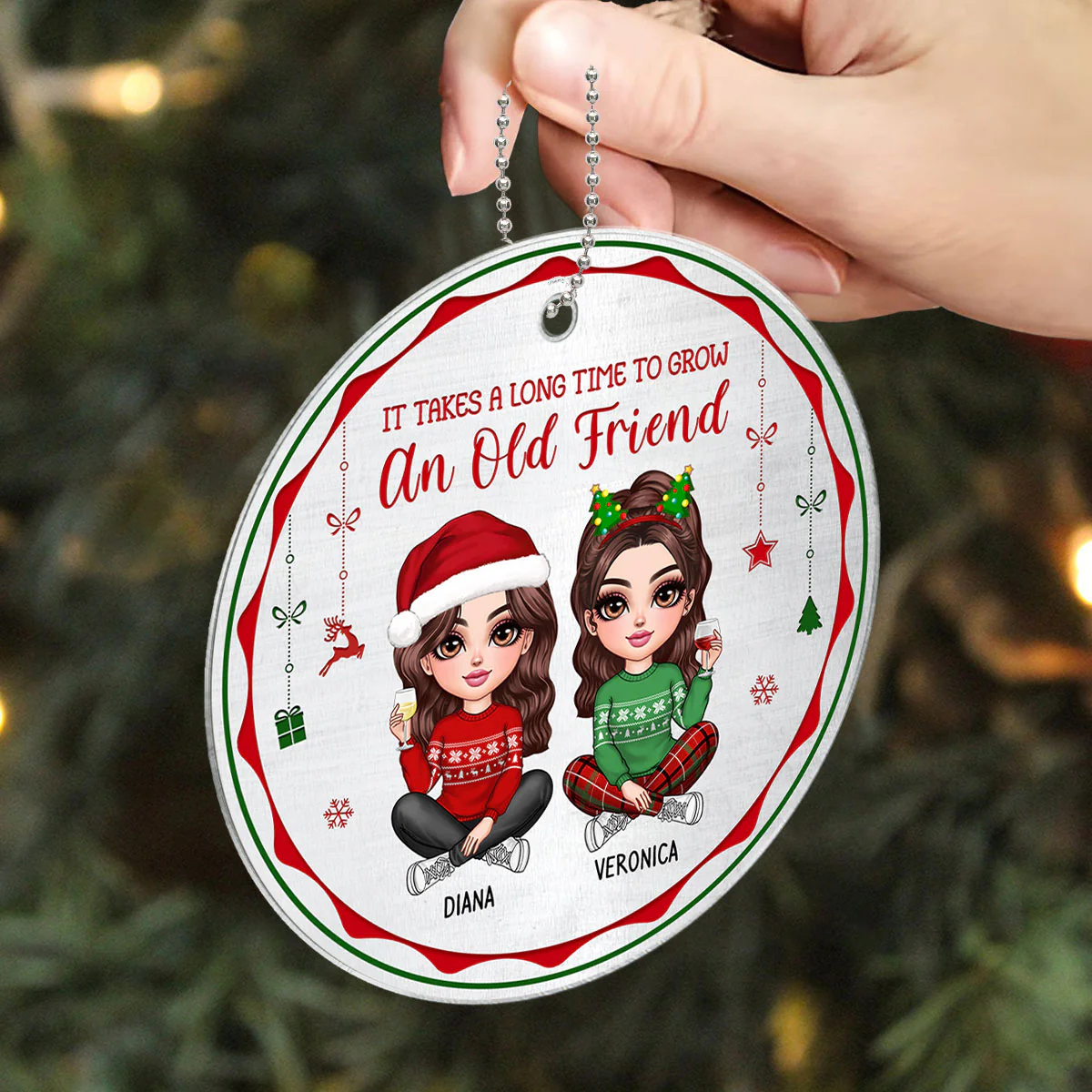 Pretty Besties Sisters Red And Green Metal Pattern Personalized Acrylic Ornament - Image 2