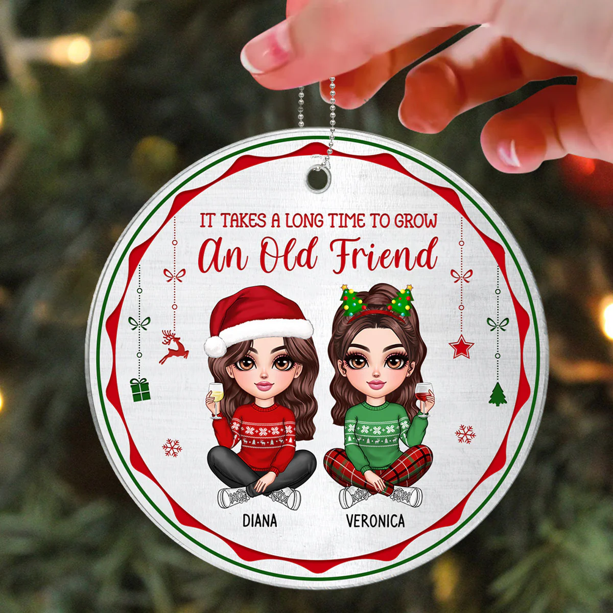 Pretty Besties Sisters Red And Green Metal Pattern Personalized Acrylic Ornament - Image 3