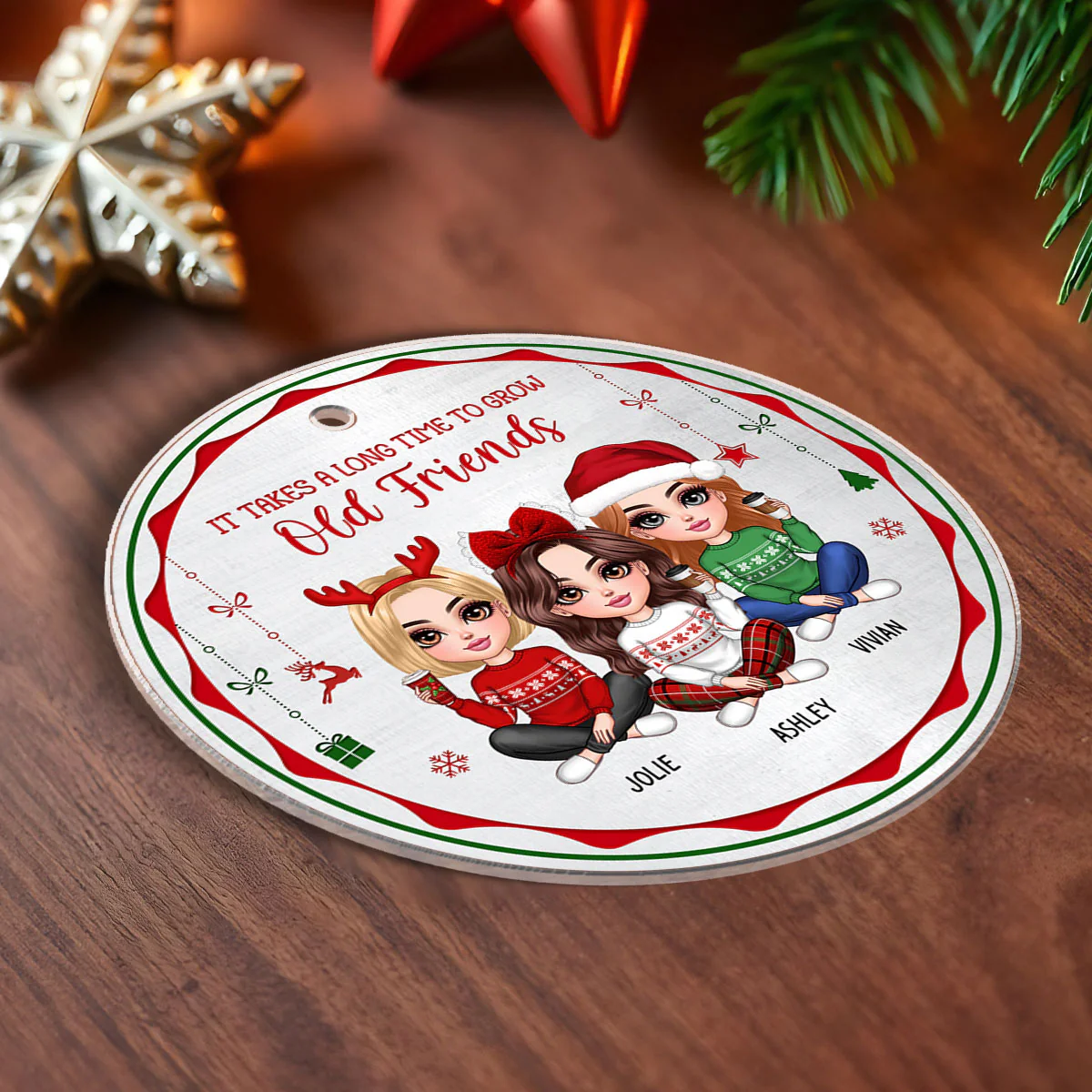 Pretty Besties Sisters Red And Green Metal Pattern Personalized Acrylic Ornament - Image 4