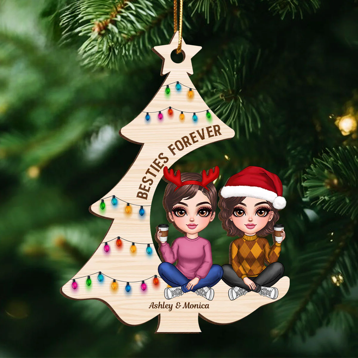 Pretty Besties Sisters Sitting Christmas Tree Personalized Wooden Ornament, Christmas Gift for Best Friends, Sisters - Image 2