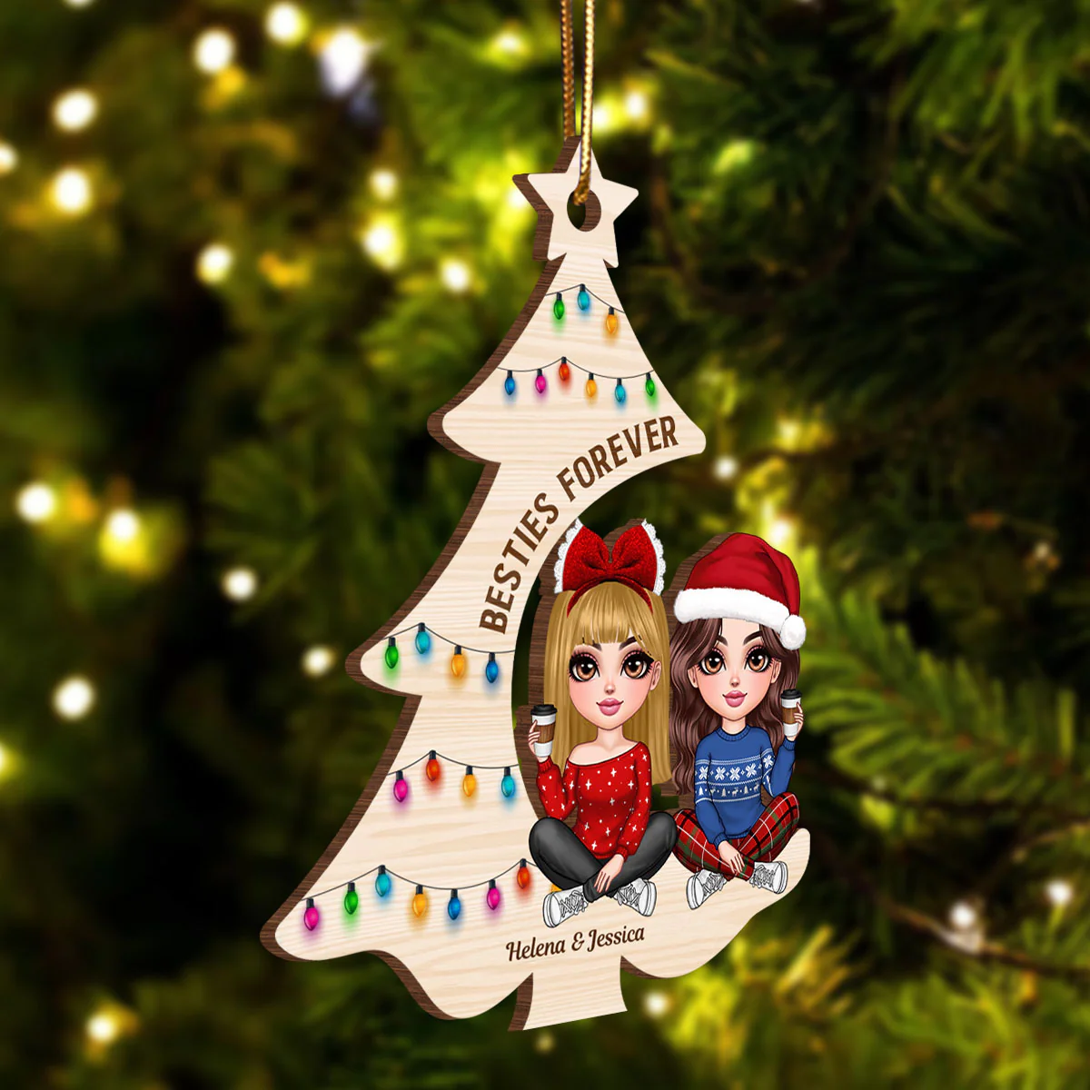 Pretty Besties Sisters Sitting Christmas Tree Personalized Wooden Ornament, Christmas Gift for Best Friends, Sisters - Image 3