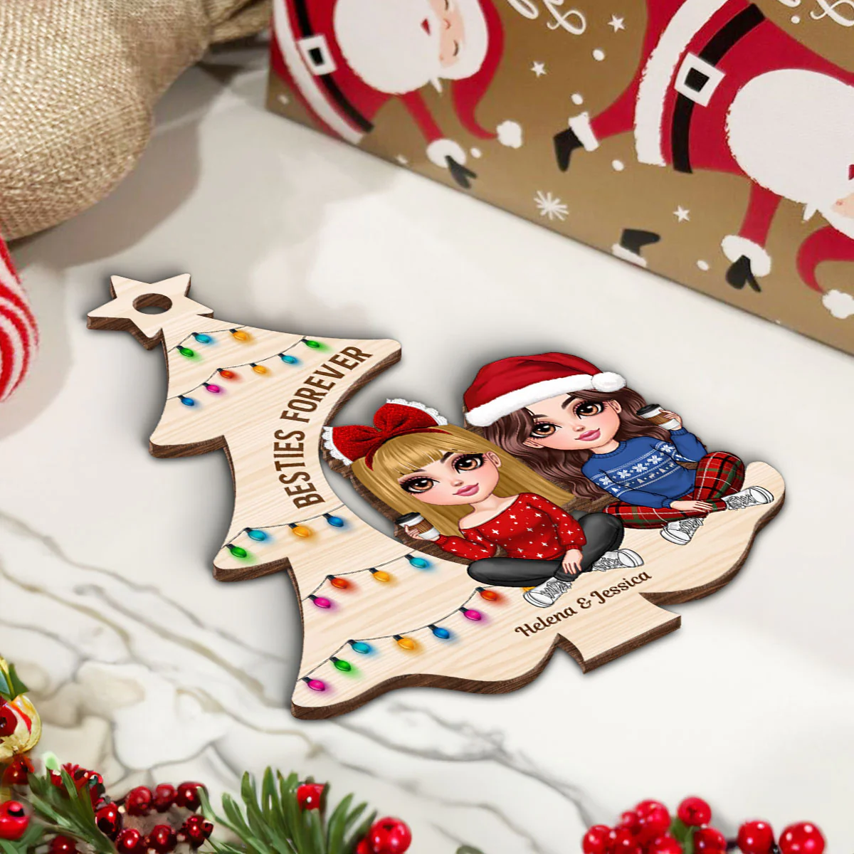Pretty Besties Sisters Sitting Christmas Tree Personalized Wooden Ornament, Christmas Gift for Best Friends, Sisters - Image 5