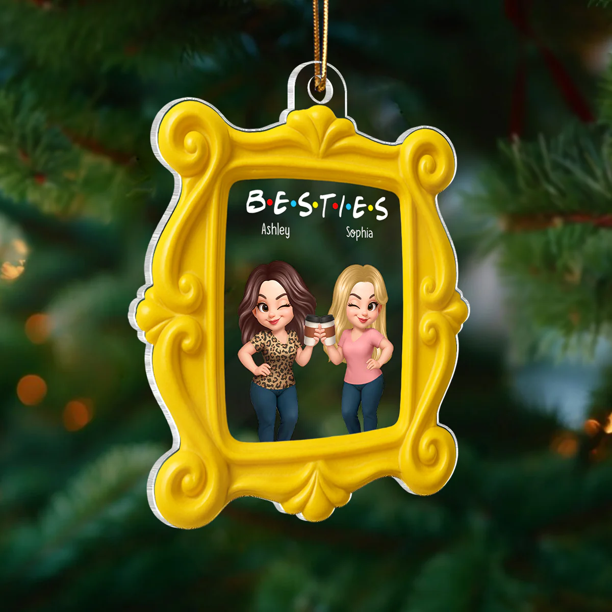 Pretty Besties Sisters Yellow Frame - Personalized Acrylic Ornament - Image 2