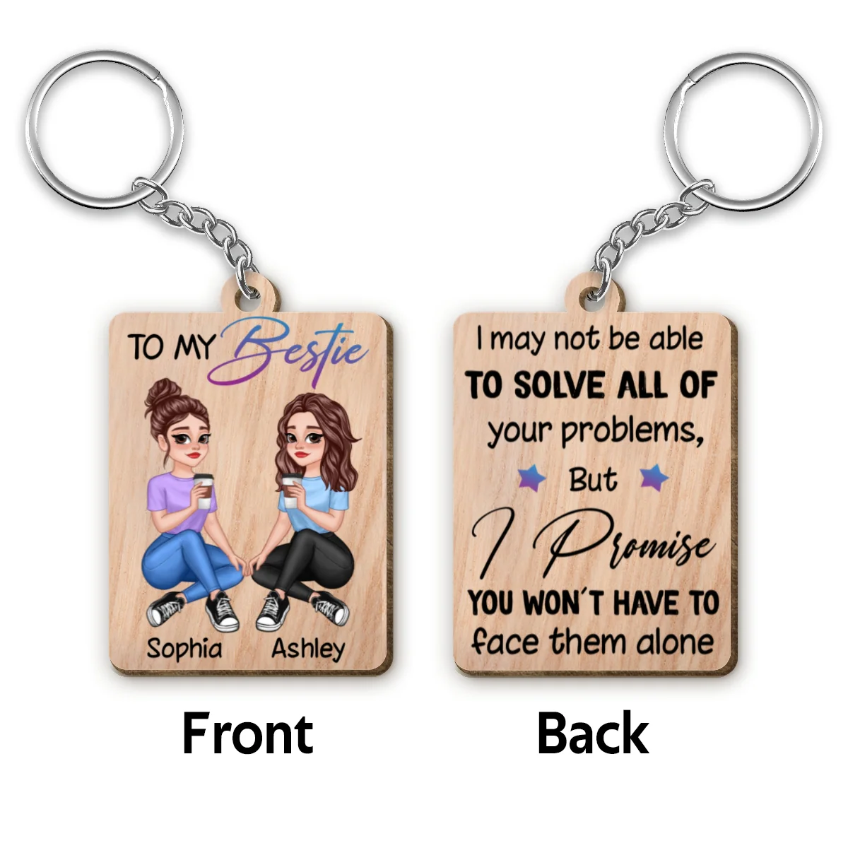 Pretty Cartoon Besties To My Bestie Personalized Wooden Keychain - Image 6