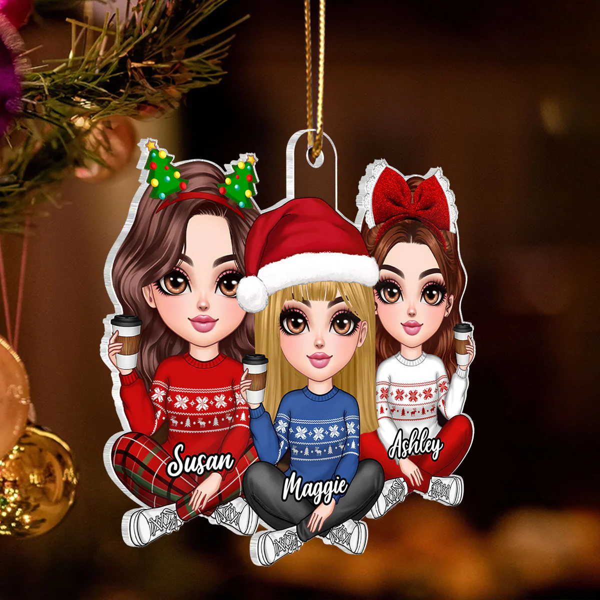 Pretty Christmas Best Friend Besties Sisters BFF Personalized Acrylic Custom Shaped Ornament - Image 6