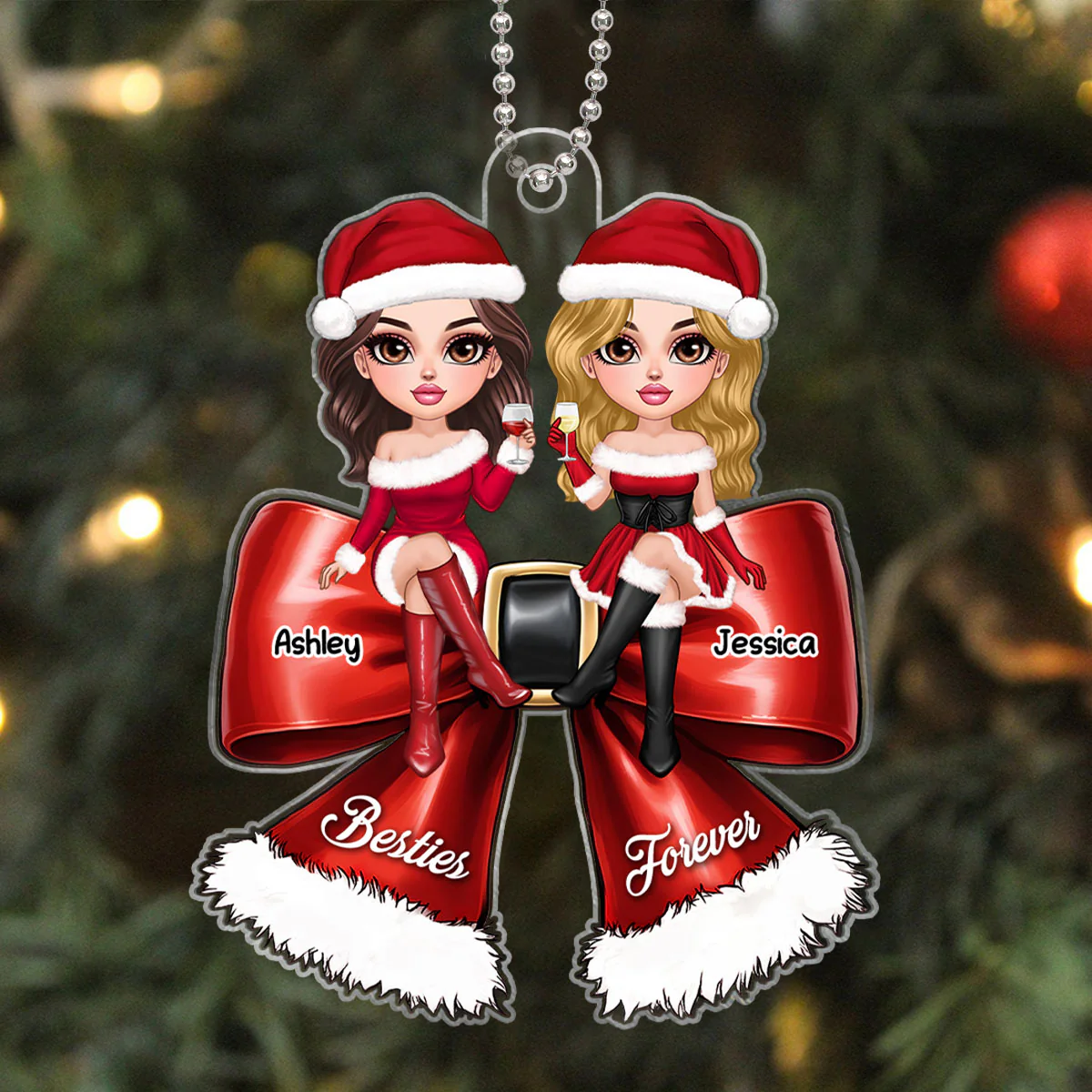 Pretty Christmas Besties Coquette Bow Personalized Acrylic Ornament - Image 2