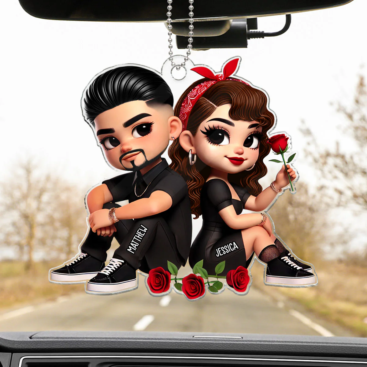 Pretty Couple Roses Heart Personalized Acrylic Car Hanger, Anniversary Gift, Gift for Couples - Image 2