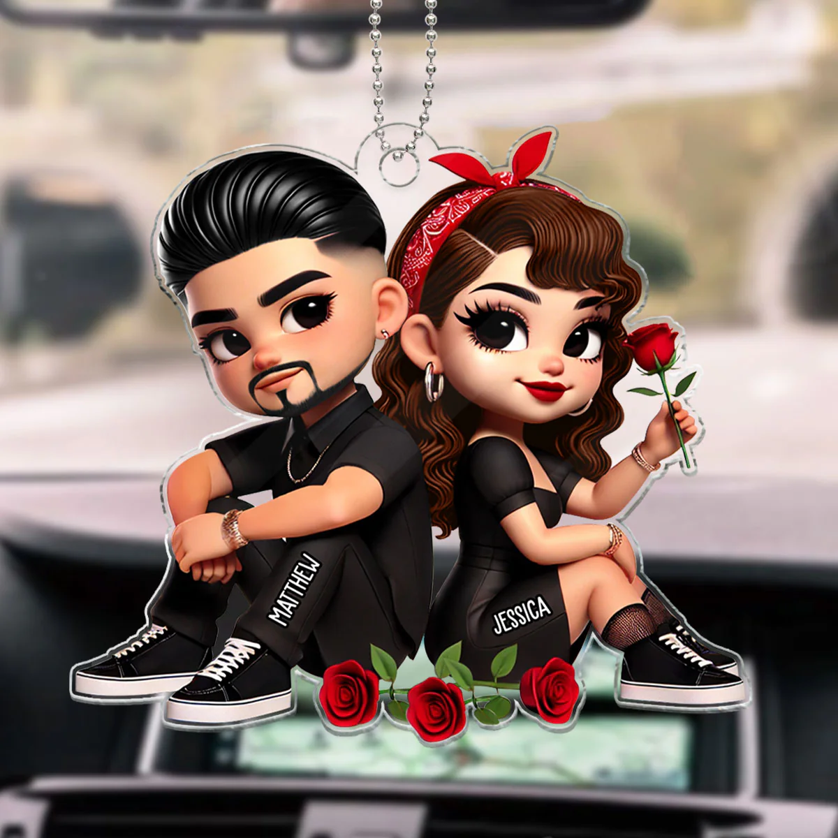 Pretty Couple Roses Heart Personalized Acrylic Car Hanger, Anniversary Gift, Gift for Couples - Image 3