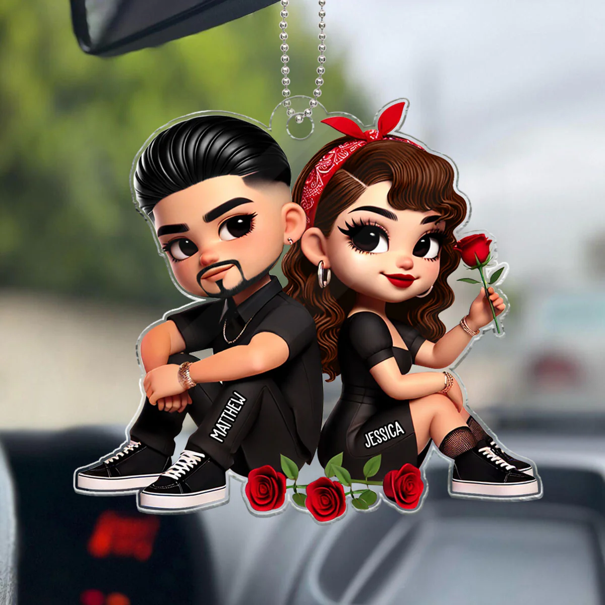 Pretty Couple Roses Heart Personalized Acrylic Car Hanger, Anniversary Gift, Gift for Couples - Image 4