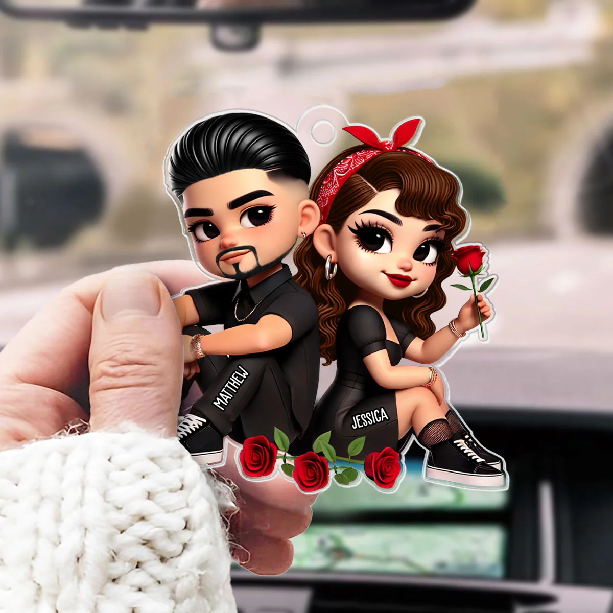 Pretty Couple Roses Heart Personalized Acrylic Car Hanger, Anniversary Gift, Gift for Couples - Image 5