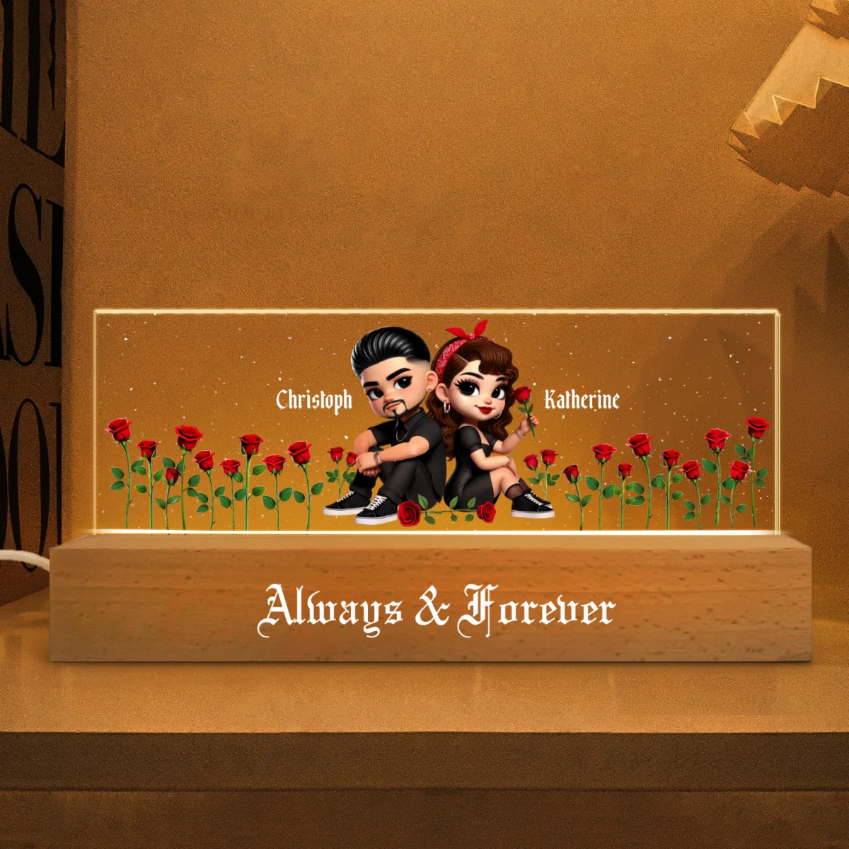 Pretty Couple Roses Heart Together Since Personalized Acrylic Block LED Night Light,  Gift, Anniversary Gift for Couples - Image 11