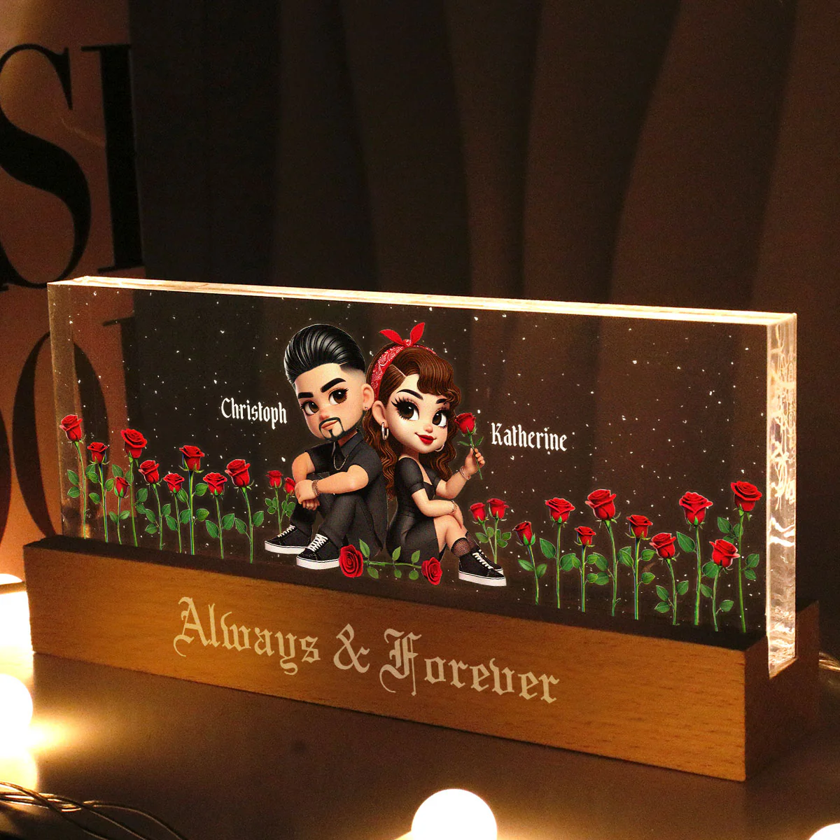 Pretty Couple Roses Heart Together Since Personalized Acrylic Block LED Night Light,  Gift, Anniversary Gift for Couples - Image 2