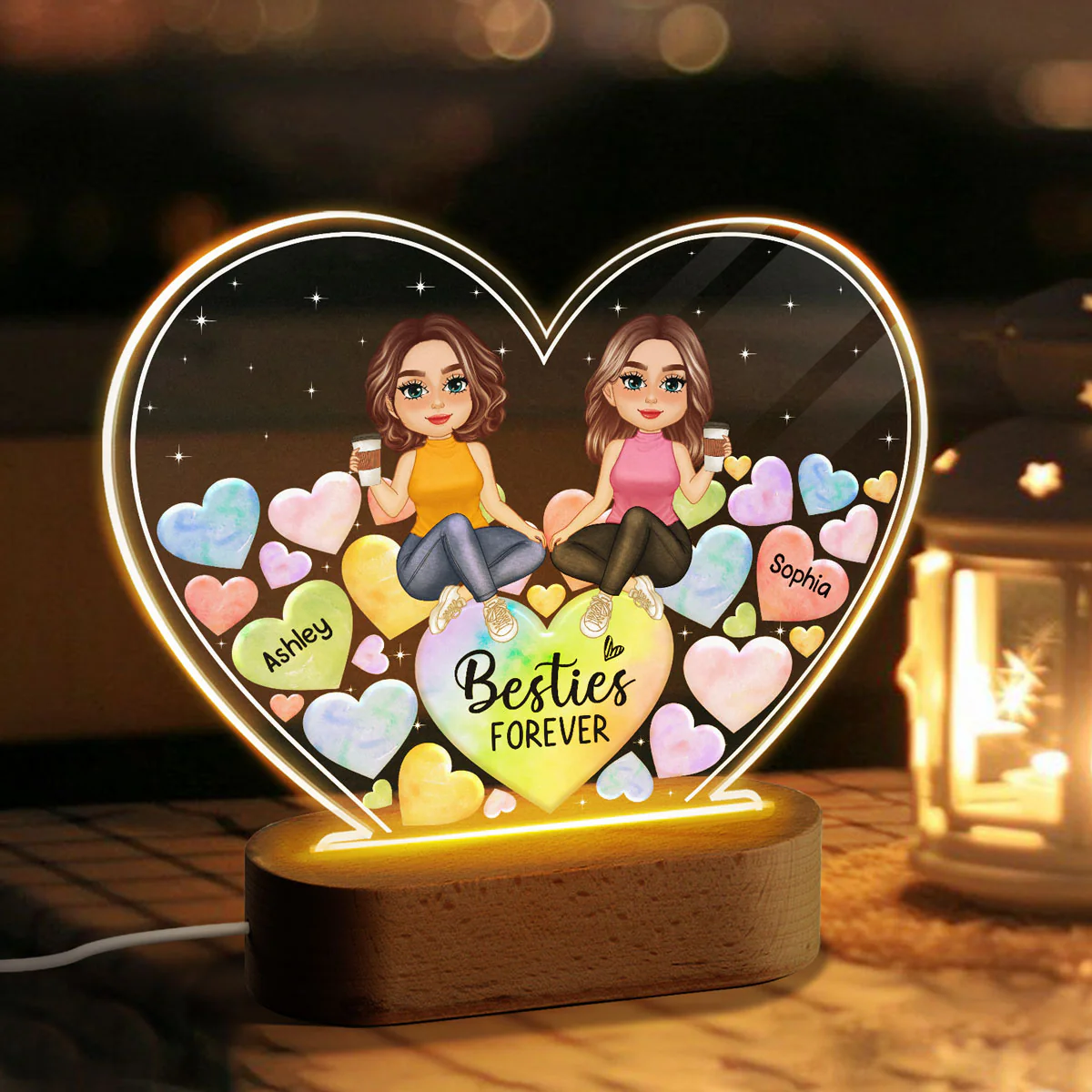 Pretty Doll Besties Sisters Hearts In Heart Personalized Heart Acrylic LED Night Light - Image 3