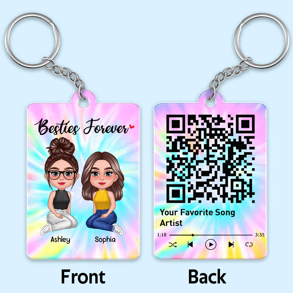 Pretty Doll Besties Sisters Tiedye Background Favorite Song Scannable QR Code Personalized Acrylic Keychain