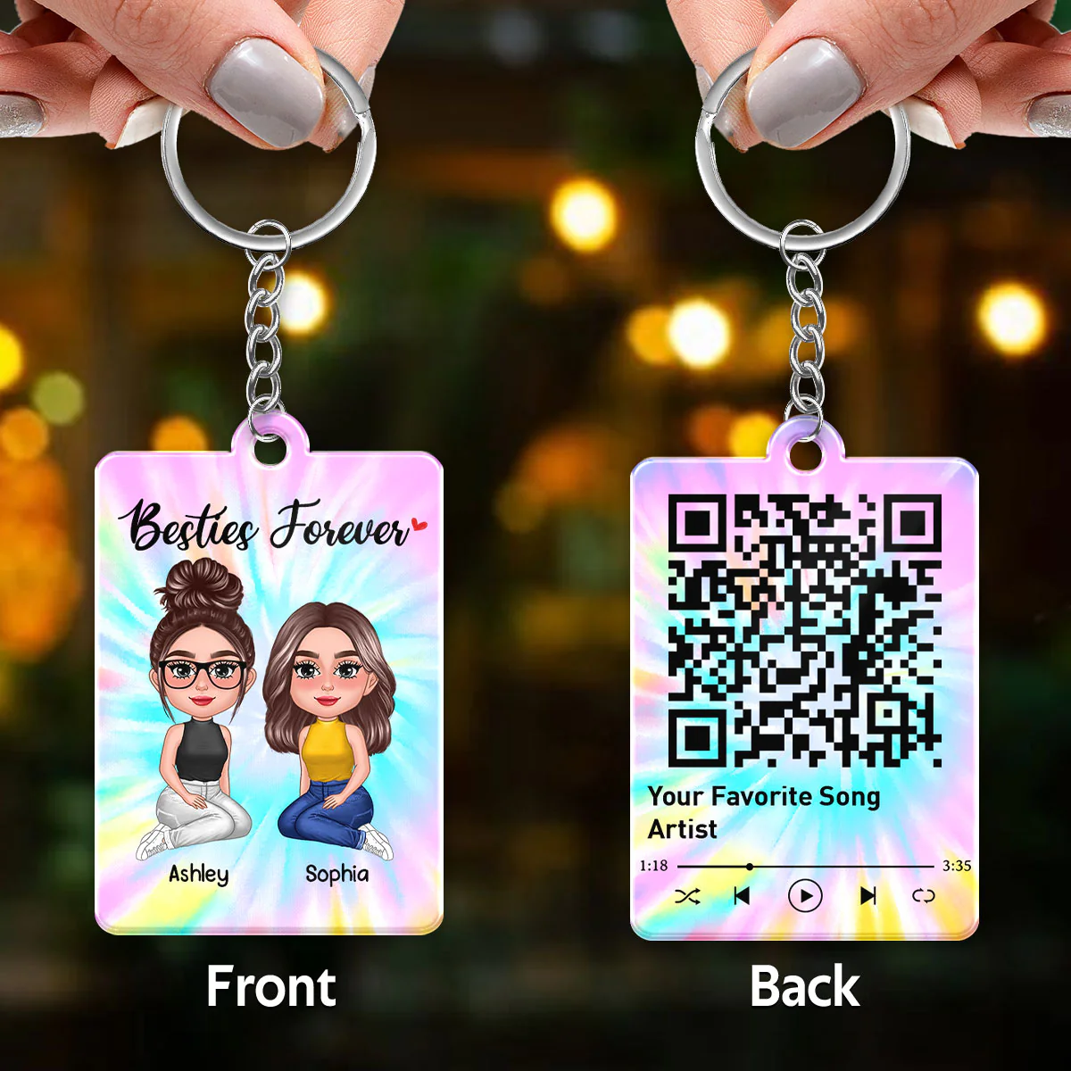 Pretty Doll Besties Sisters Tiedye Background Favorite Song Scannable QR Code Personalized Acrylic Keychain - Image 3