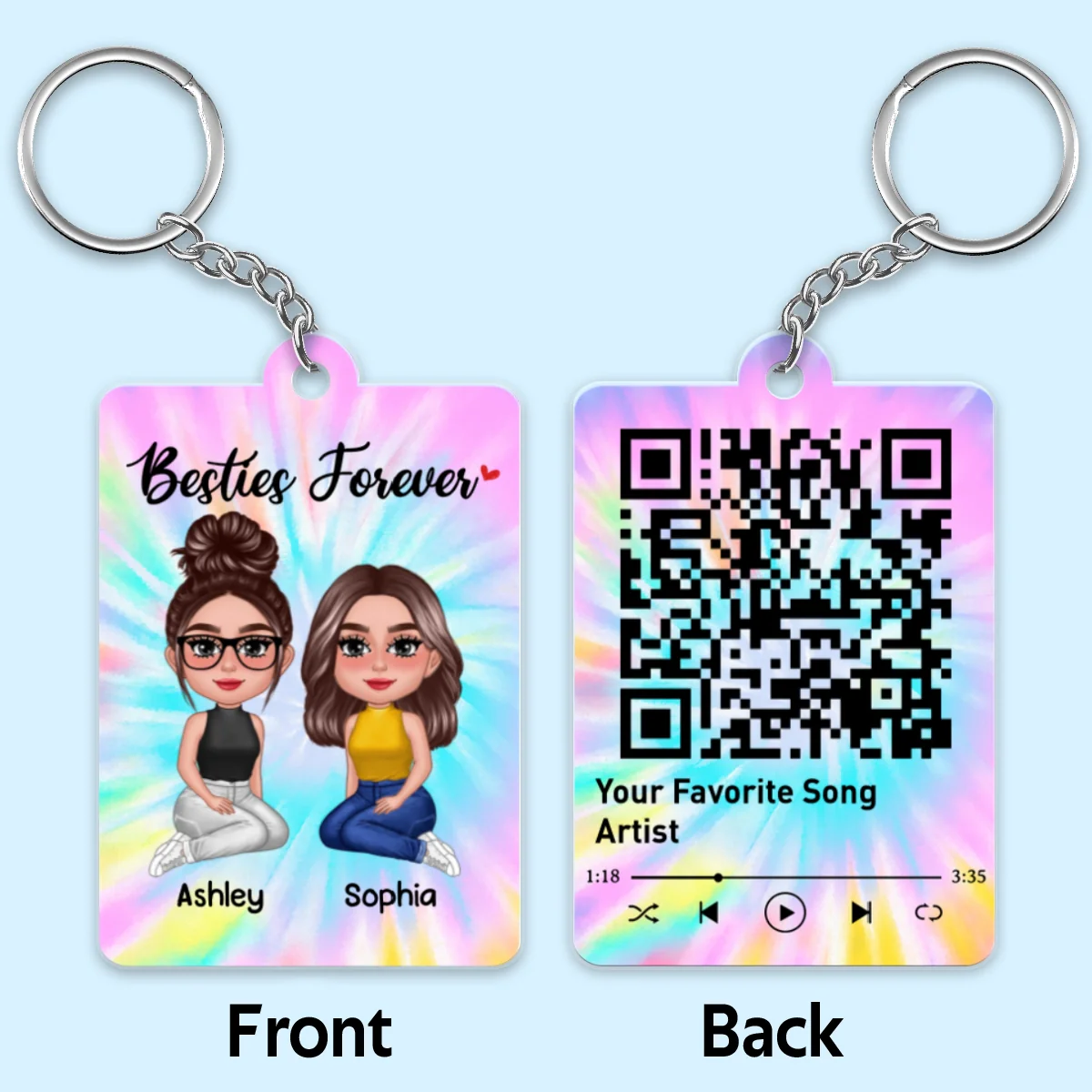 Pretty Doll Besties Sisters Tiedye Background Favorite Song Scannable QR Code Personalized Acrylic Keychain - Image 4