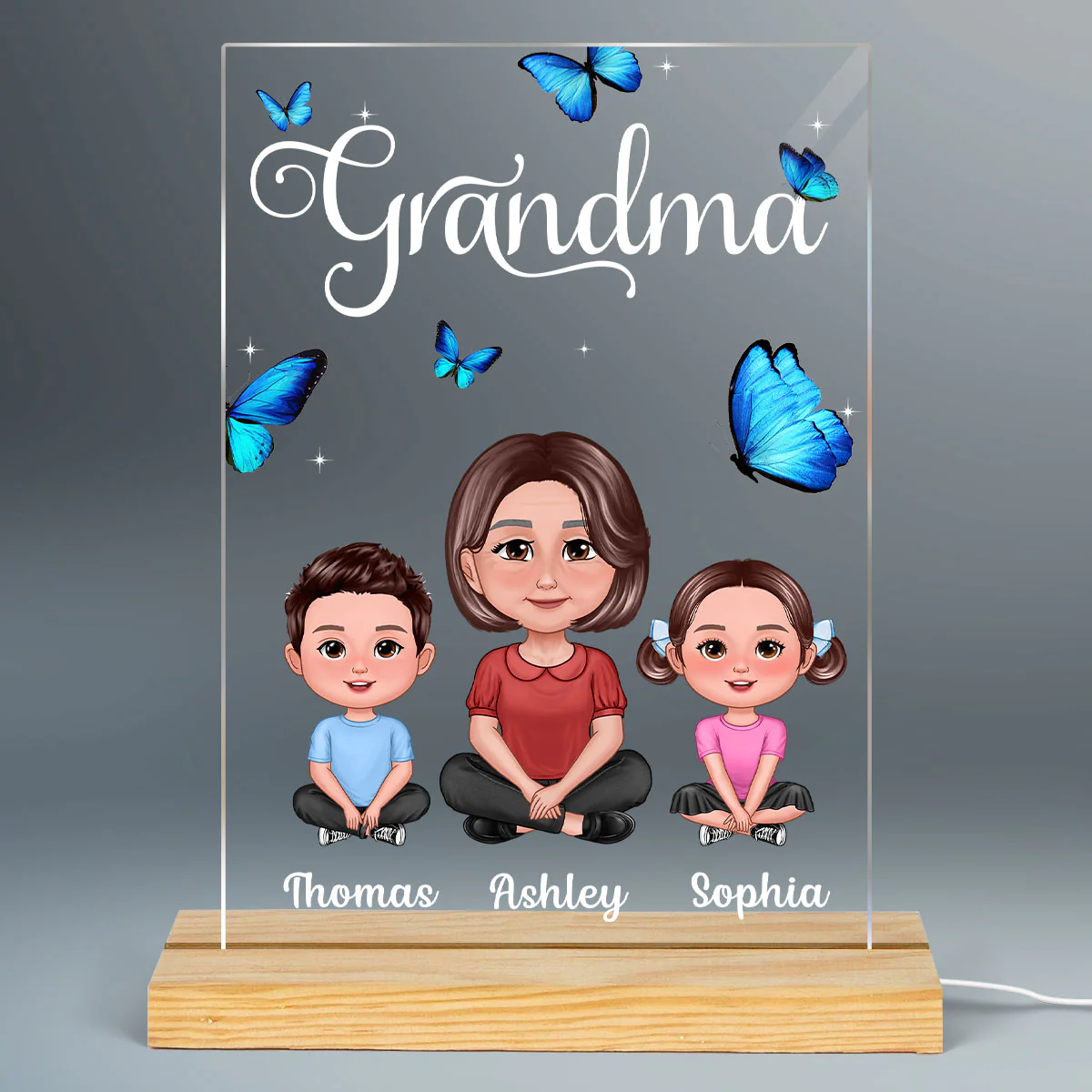 Pretty Doll Grandma Grandkids Blue Butterflies Personalized Rectangle Acrylic LED Night Light - Image 2