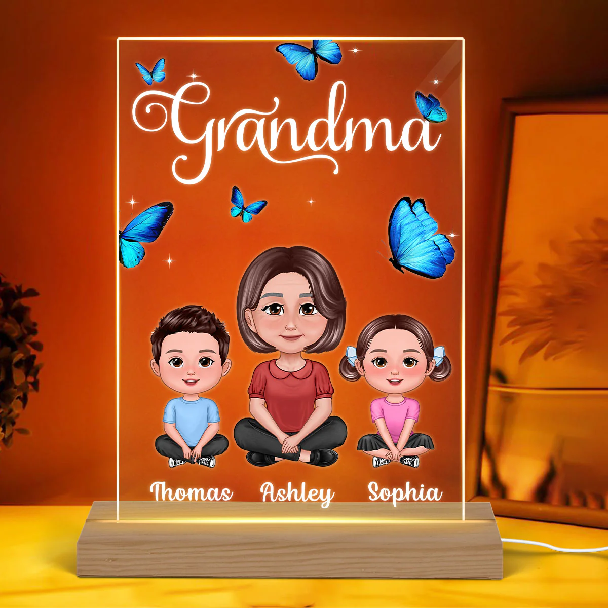 Pretty Doll Grandma Grandkids Blue Butterflies Personalized Rectangle Acrylic LED Night Light - Image 3
