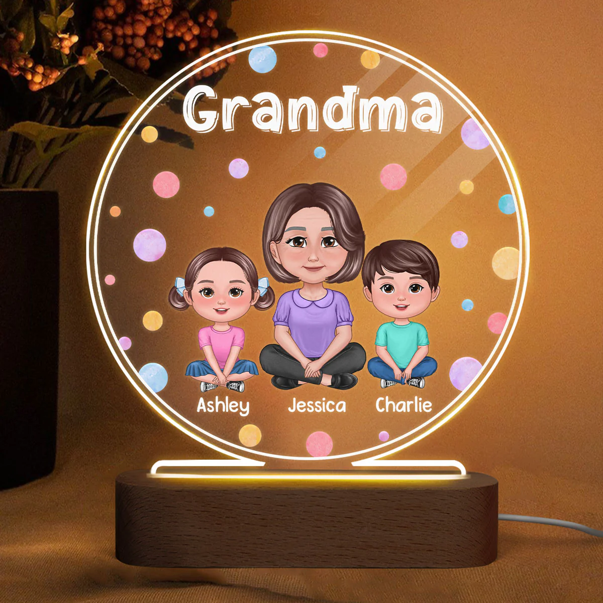 Pretty Doll Grandma Grandkids Colorful Dots Personalized Circle Acrylic LED Night Light