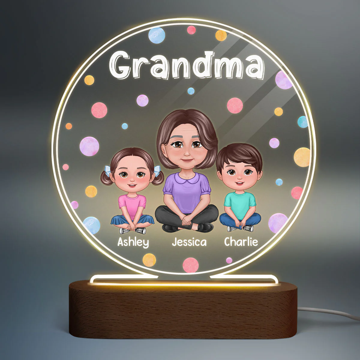 Pretty Doll Grandma Grandkids Colorful Dots Personalized Circle Acrylic LED Night Light - Image 2